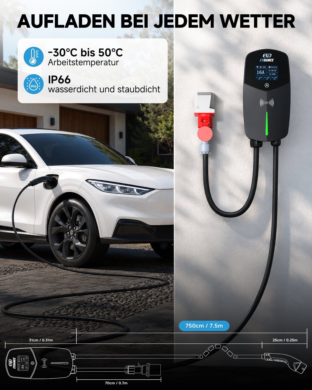 EVDANCE 11 kW Wallbox Typ 2 16A 3-phasig mit CEE-Stecker, WLAN, Bluetooth & RFID
