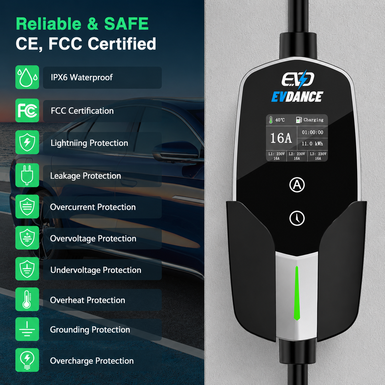 EVDANCE 11 (kW) Mobile Wallbox, 3 Phase Type 2 EV Charger 16A Max, CEE Plug
