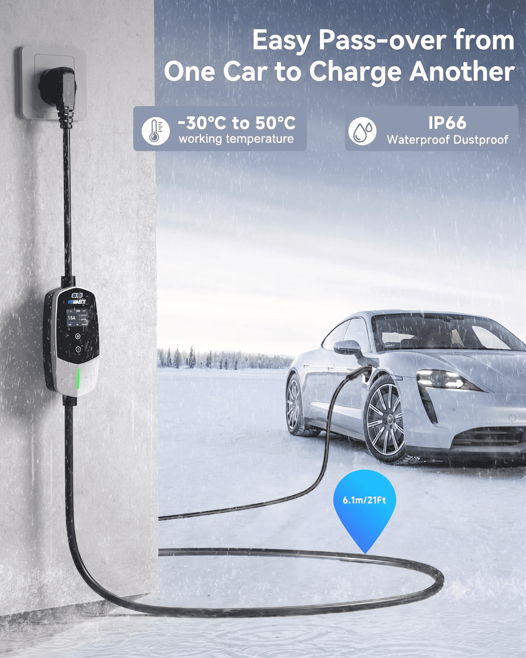 EVDANCE Einphasiges Typ-2-Ladegerät für Elektrofahrzeuge, max. 16 A, 3,68 (kW), Schuko-Stecker