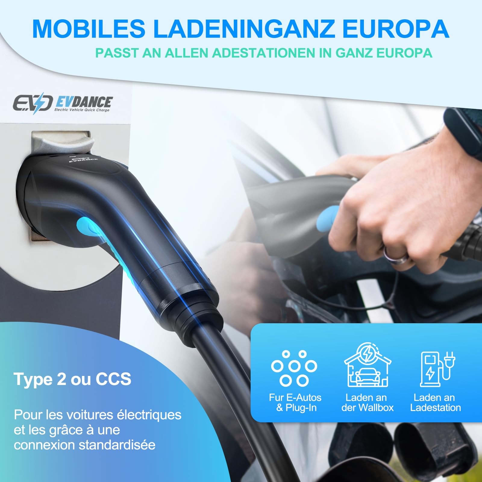 Type 2 to Type 2 Electric Vehicle (EV/PHEV) Charging Cable - EVDANCE