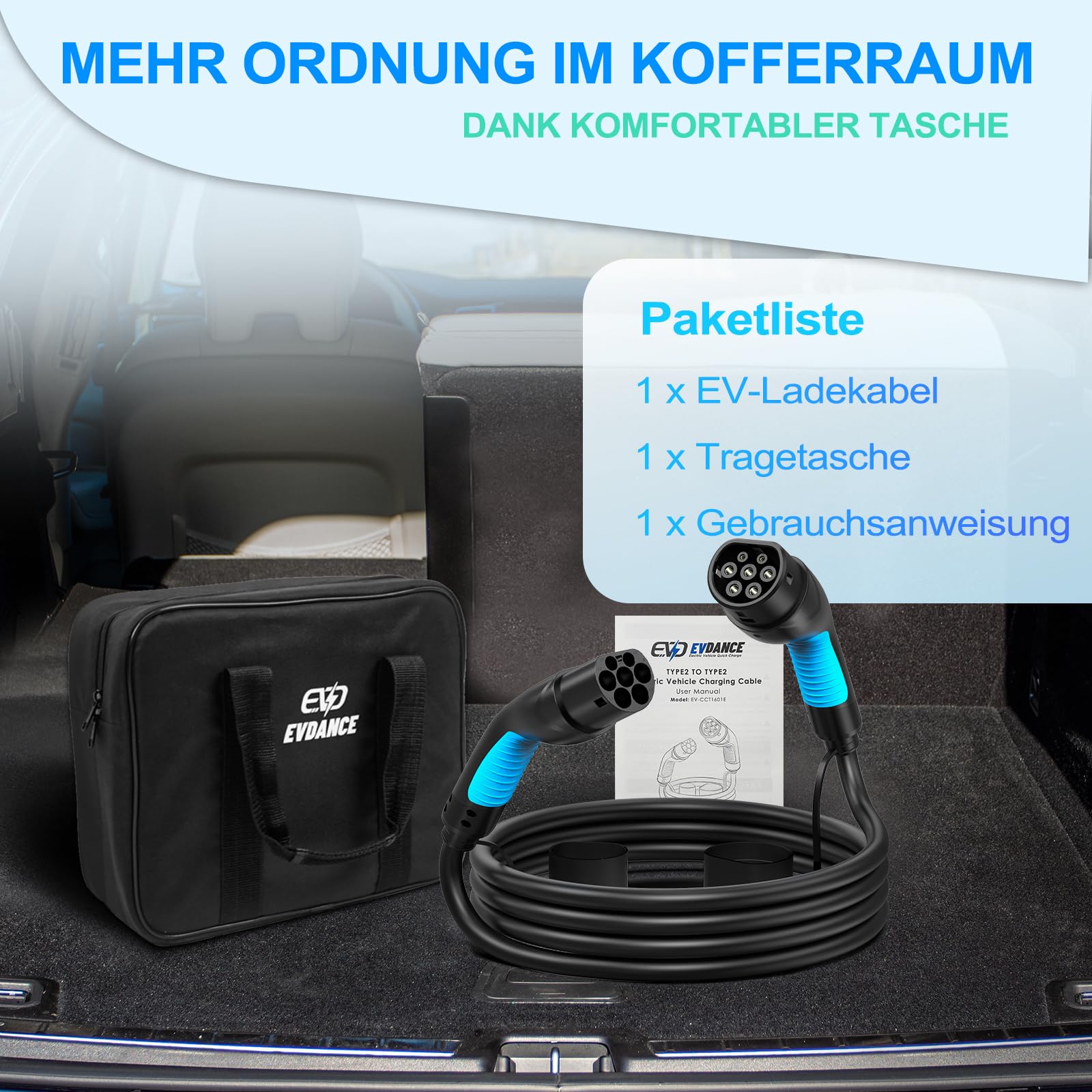 Type 2 to Type 2 Electric Vehicle (EV/PHEV) Charging Cable - EVDANCE