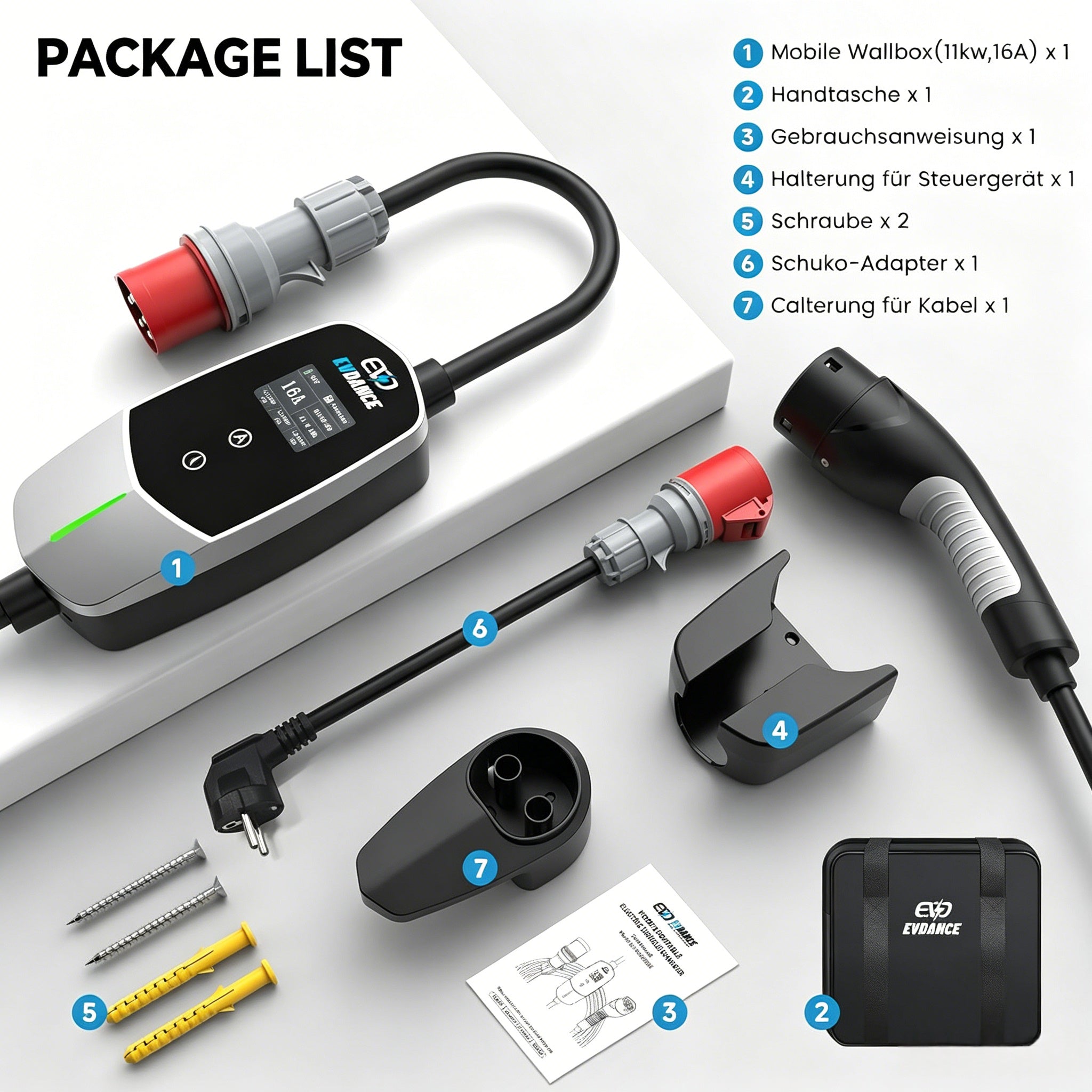 EVDANCE 11 (kW) Mobile Wallbox, 3 Phase EV Charger 16A Max with DC 6mA Protection