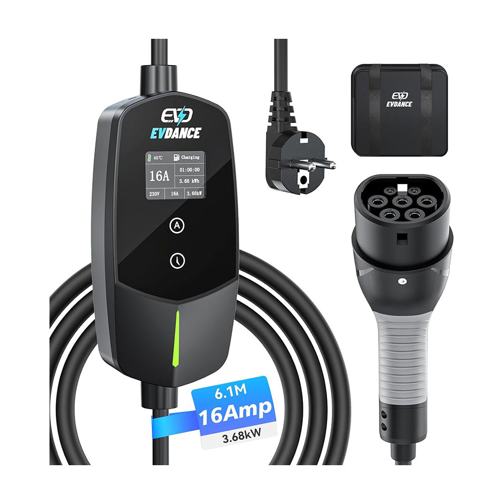EVDANCE Einphasiges Typ-2-Ladegerät für Elektrofahrzeuge, max. 16 A, 3,68 (kW), Schuko-Stecker