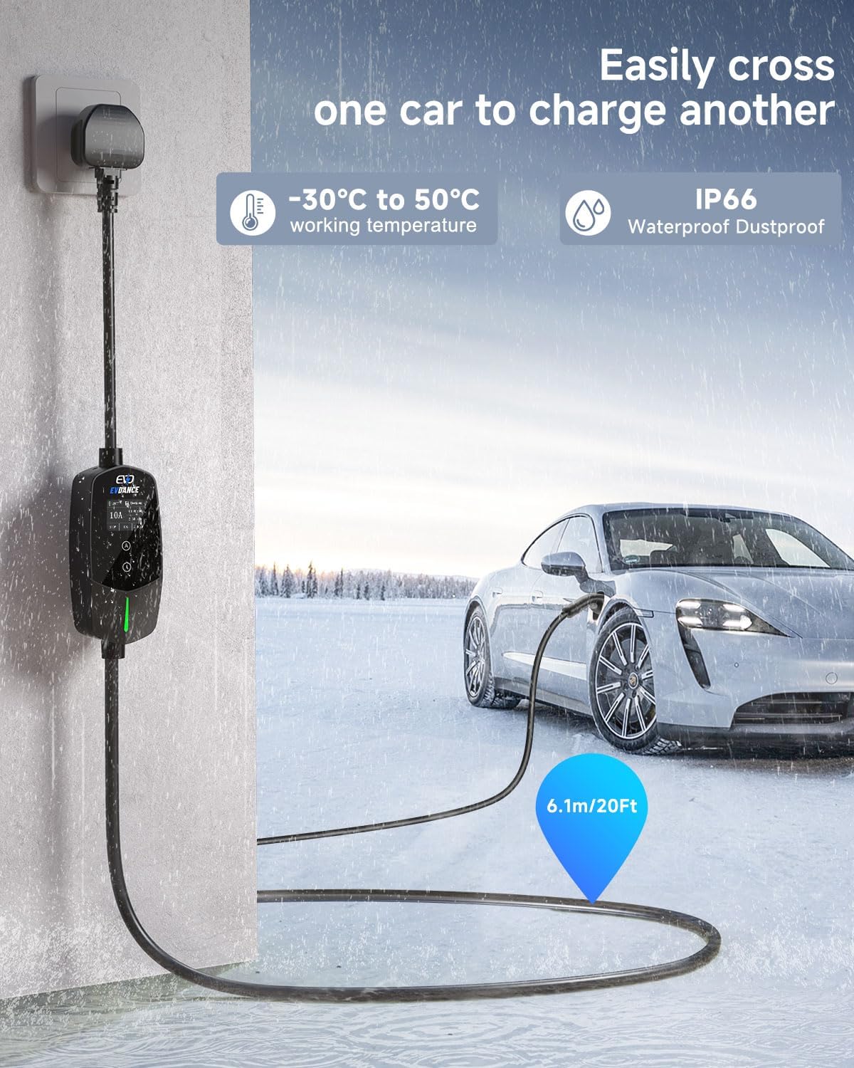 EVDANCE Single Phase Type 2 EV Charger 10A Max, 2.3 (kW), 3 Pin Plug