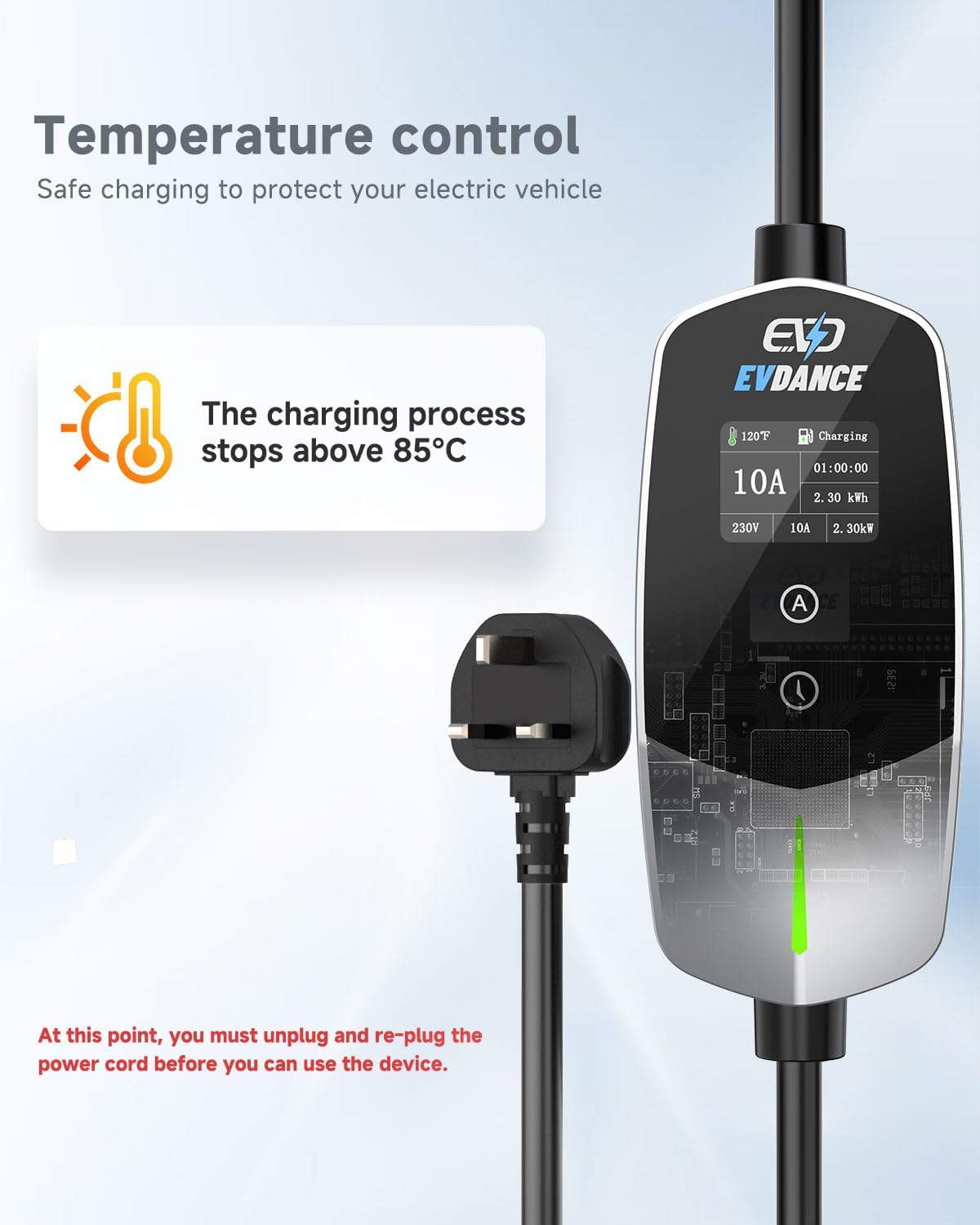 EVDANCE Single Phase Type 2 EV Charger 10A Max, 2.3 (kW), 3 Pin Plug