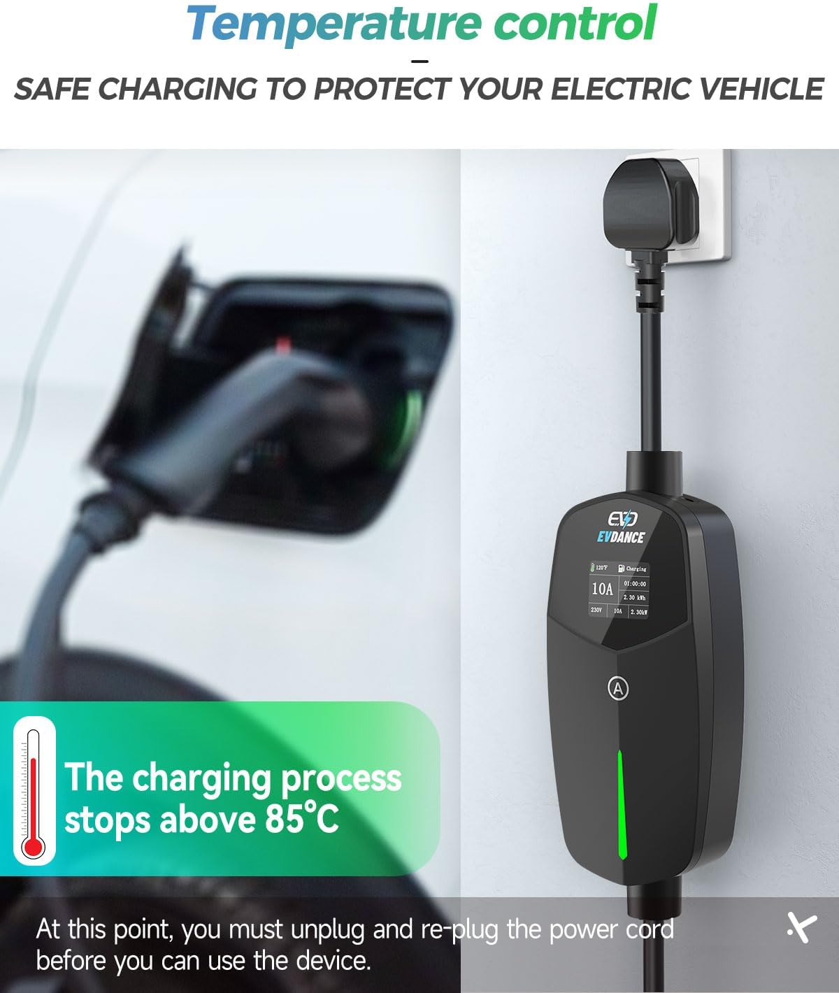 EVDANCE Single Phase Type 2 EV Charger 10A Max, 2.3 (kW), 3 Pin Plug