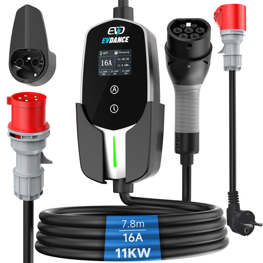 EVDANCE Chargeur EV Portable Type 2 11 kW – CEE 16A Triphasé avec Adaptateur Schuko