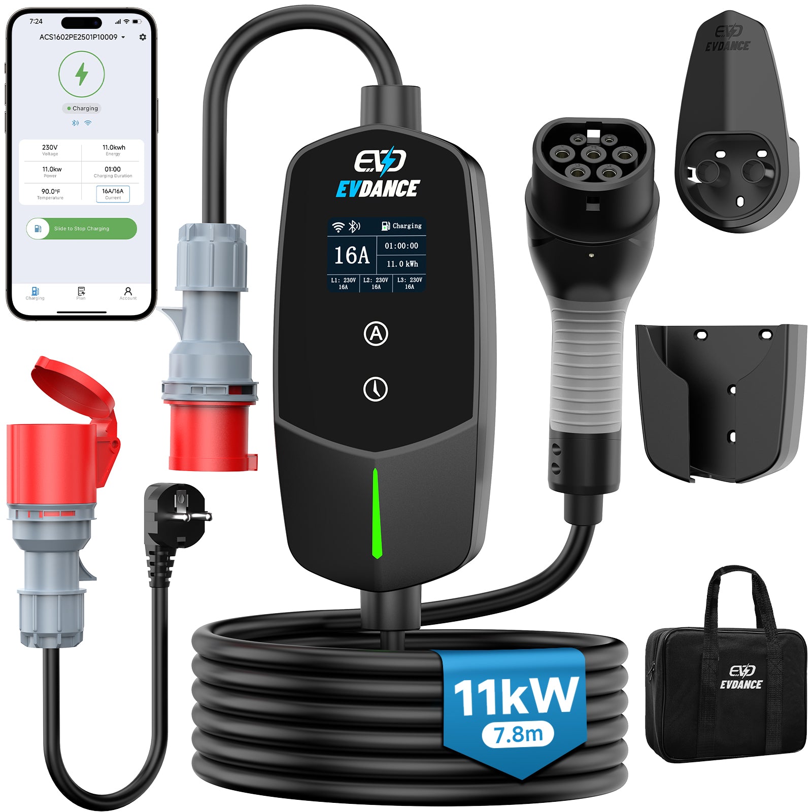EVDANCE 11kW Mobile Wallbox with APP – 3 Phase Type 2 EV Charger, 16A | 7.86m Cable + Holder