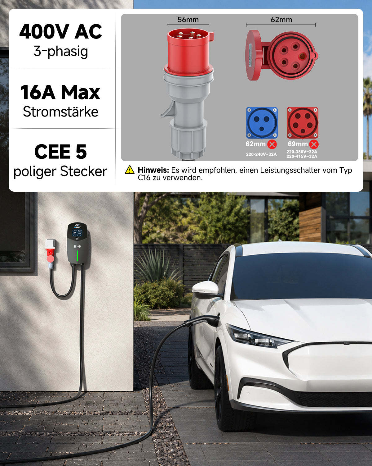 EVDANCE 11 kW Wallbox Typ 2 16A 3-phasig mit CEE-Stecker, WLAN, Bluetooth & RFID