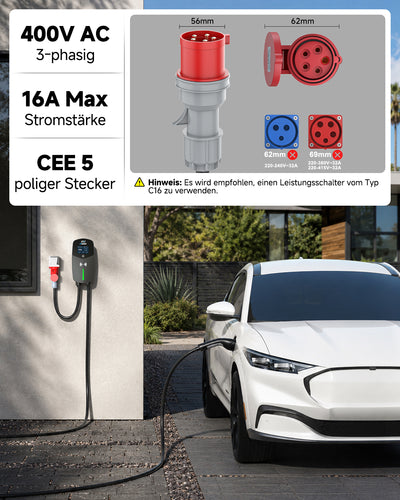 EVDANCE 11 kW Wallbox Typ 2 16A 3-phasig mit CEE-Stecker, WLAN, Bluetooth & RFID