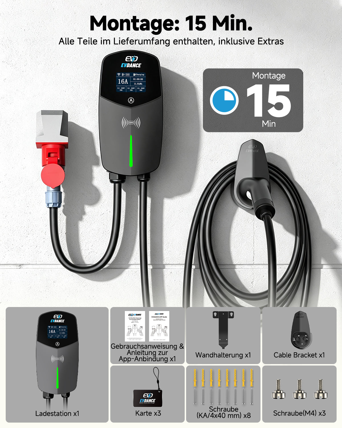 EVDANCE 11 kW Wallbox Typ 2 16A 3-phasig mit CEE-Stecker, WLAN, Bluetooth & RFID
