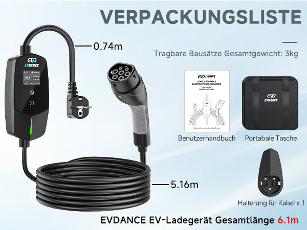 EVDANCE Portable Type2 16A 230V EV Charger Adjustable With 1.77 Screen