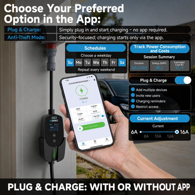 EVDANCE 11kW Mobile Wallbox with APP – 3 Phase Type 2 EV Charger, 16A | 7.86m Cable + Holder