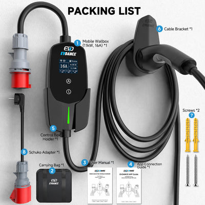 EVDANCE 11kW Mobile Wallbox with APP – 3 Phase Type 2 EV Charger, 16A | 7.86m Cable + Holder