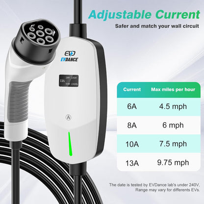EVDANCE Portable Electric Car Adjustable Current  Type 2 Charger with OLED Large Screen