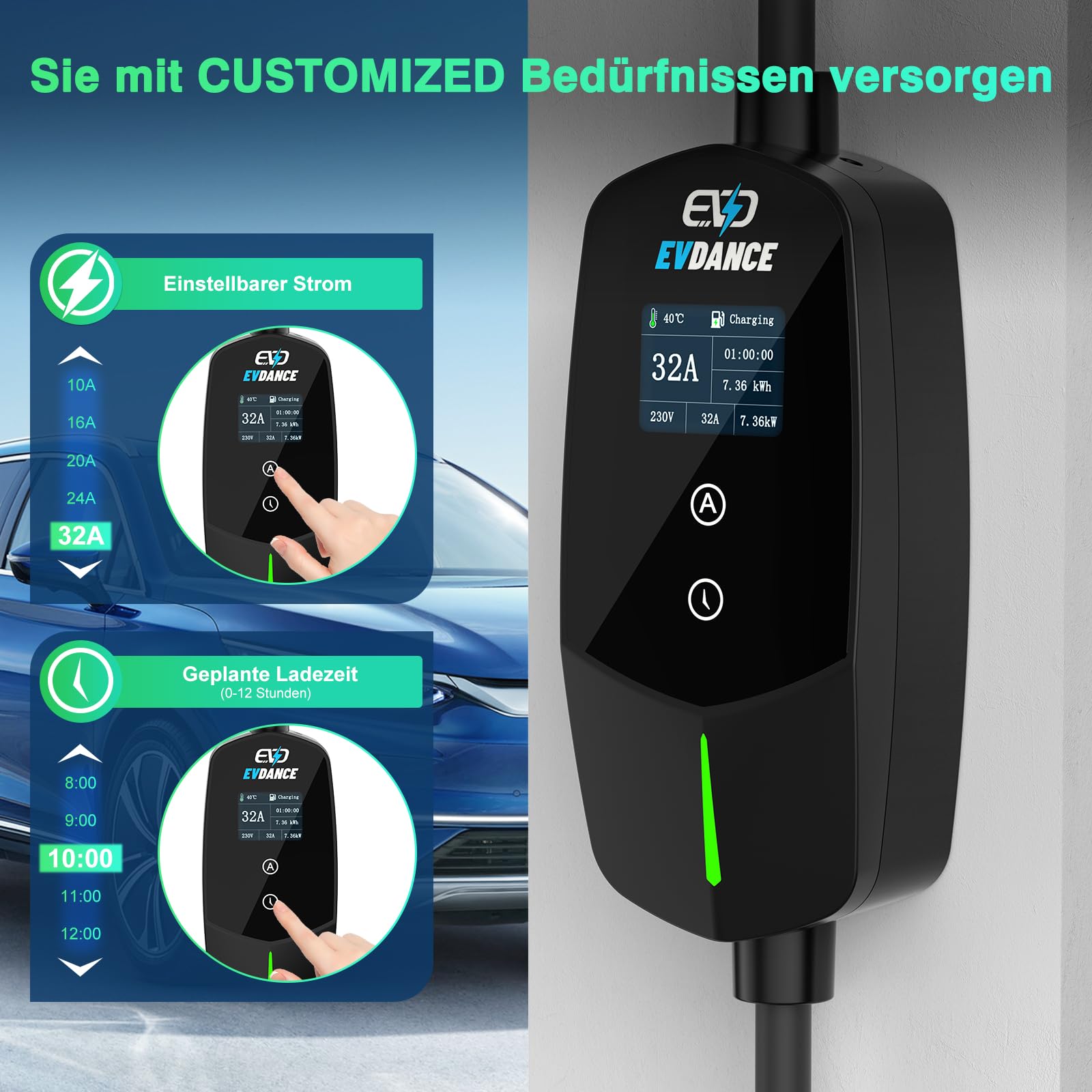 EVDANCE  Tragbares/Wallbox Typ 2 Ladekabel Mit CEE Stecker  7.36kW, 1 Phase, 6.1m, 10/16/20/24/32A EINSTELLBAREM LADESTROM