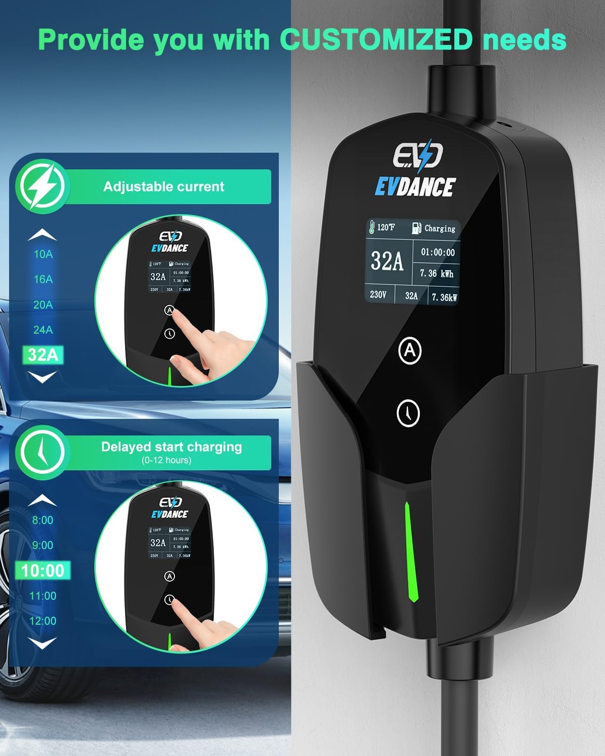 EVDANCE Single Phase Type 2 EV Charger 32A Max, 7.36 (kW), 20ft, CEE Plug
