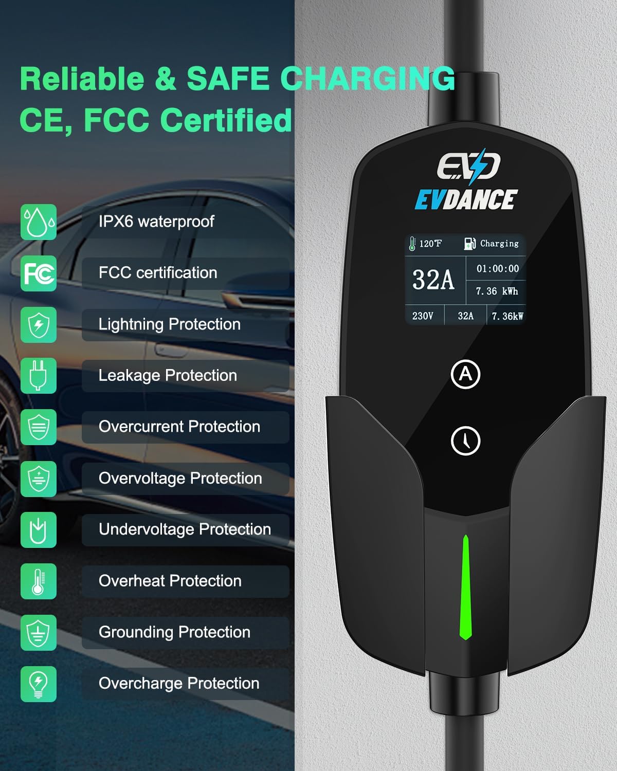 EVDANCE Single Phase Type 2 EV Charger 32A Max, 7.36 (kW), 20ft, CEE Plug