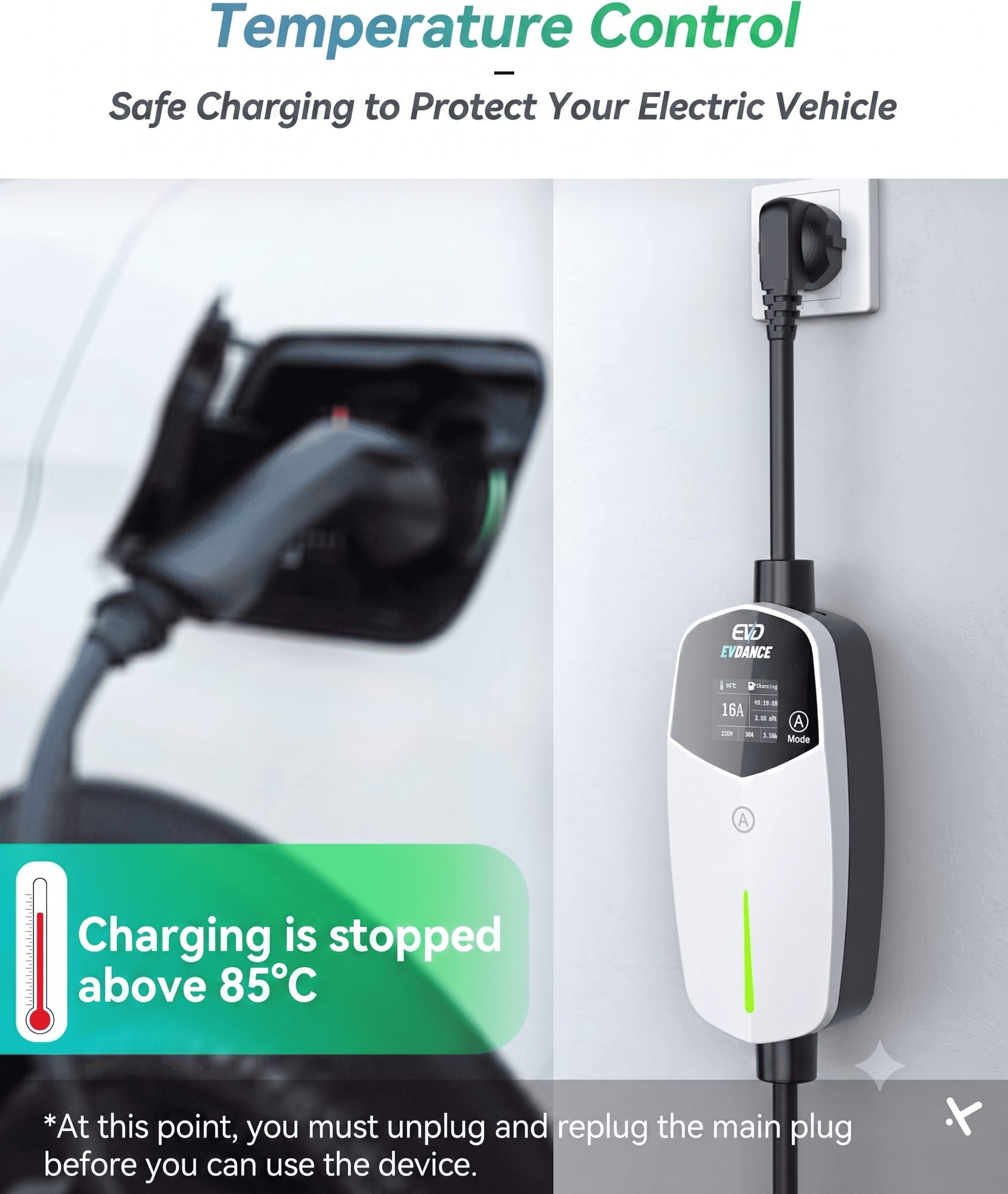 EVDANCE Single Phase Type 2 EV Charger 16A Max, 3.68 (kW), Schuko Plug