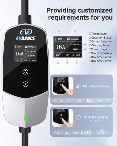 EVDANCE Einphasiges Typ-2-Ladegerät für Elektrofahrzeuge, max. 16 A, 3,68 (kW), Schuko-Stecker