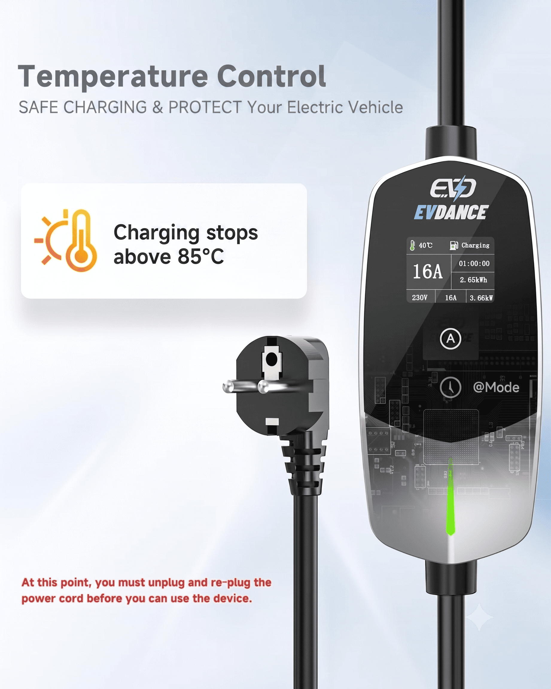EVDANCE Einphasiges Typ-2-Ladegerät für Elektrofahrzeuge, max. 16 A, 3,68 (kW), Schuko-Stecker