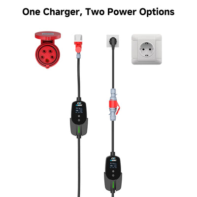 EVDANCE 2-in-1 11kW Type 2 EV charger with 3-phase CEE 16A plug and Schuko adapter