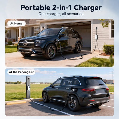 EVDANCE portable 2-in-1 EV charger being used to charge an electric vehicle at home and in a parking lot.