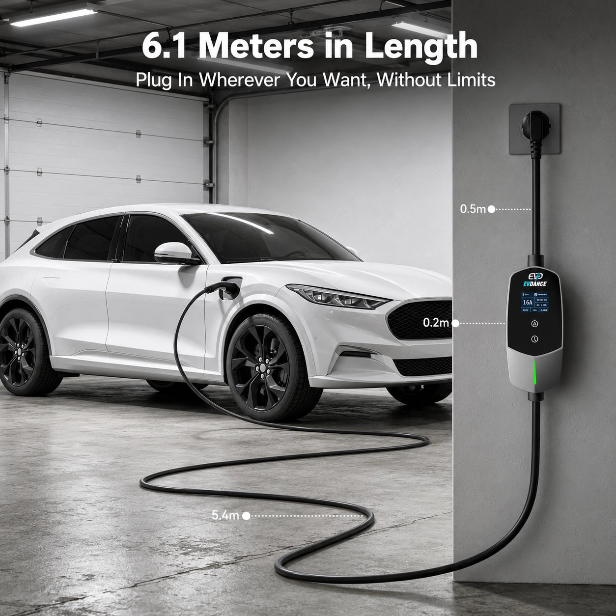 White electric vehicle charging in a garage using an EVDANCE portable EV charger with a convenient 6.1-meter long extension cable.