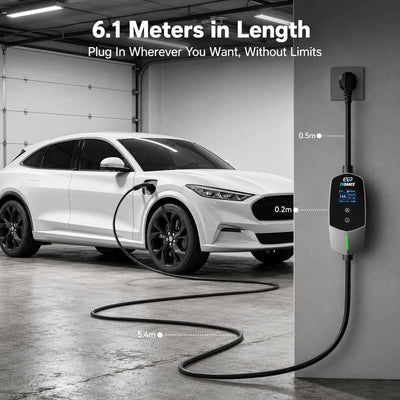 White electric vehicle charging in a garage using an EVDANCE portable EV charger with a convenient 6.1-meter long extension cable.