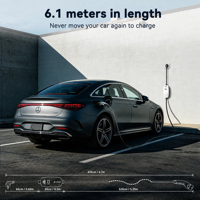 Black electric vehicle charging outdoors using the EVDANCE charger with a 6.1-meter long cable.