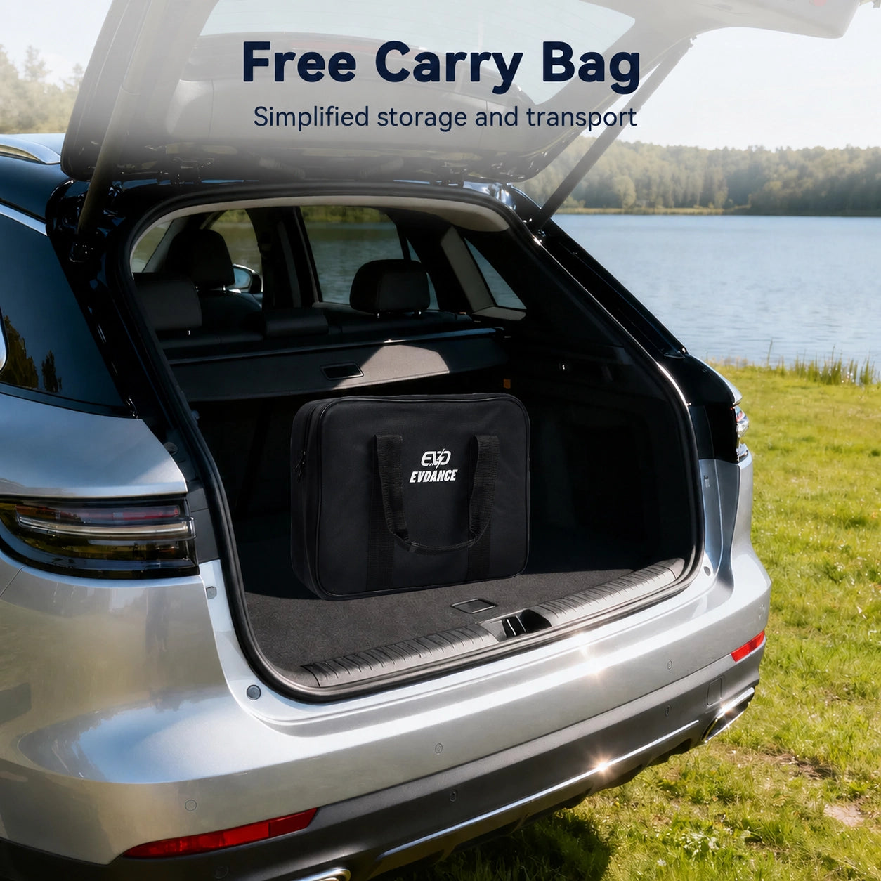 EVDANCE portable EV charger stored neatly inside a free carry bag in the trunk of a car.