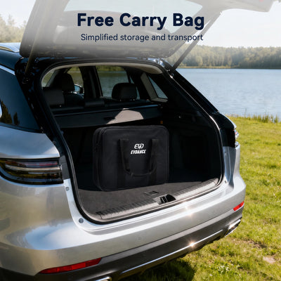 EVDANCE portable EV charger stored neatly inside a free carry bag in the trunk of a car.