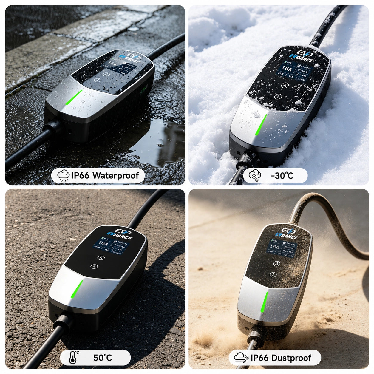 EVDANCE portable EV charger operating in extreme weather conditions, showcasing IP66 waterproof and dustproof ratings and temperature resistance from -30°C to 50°C.