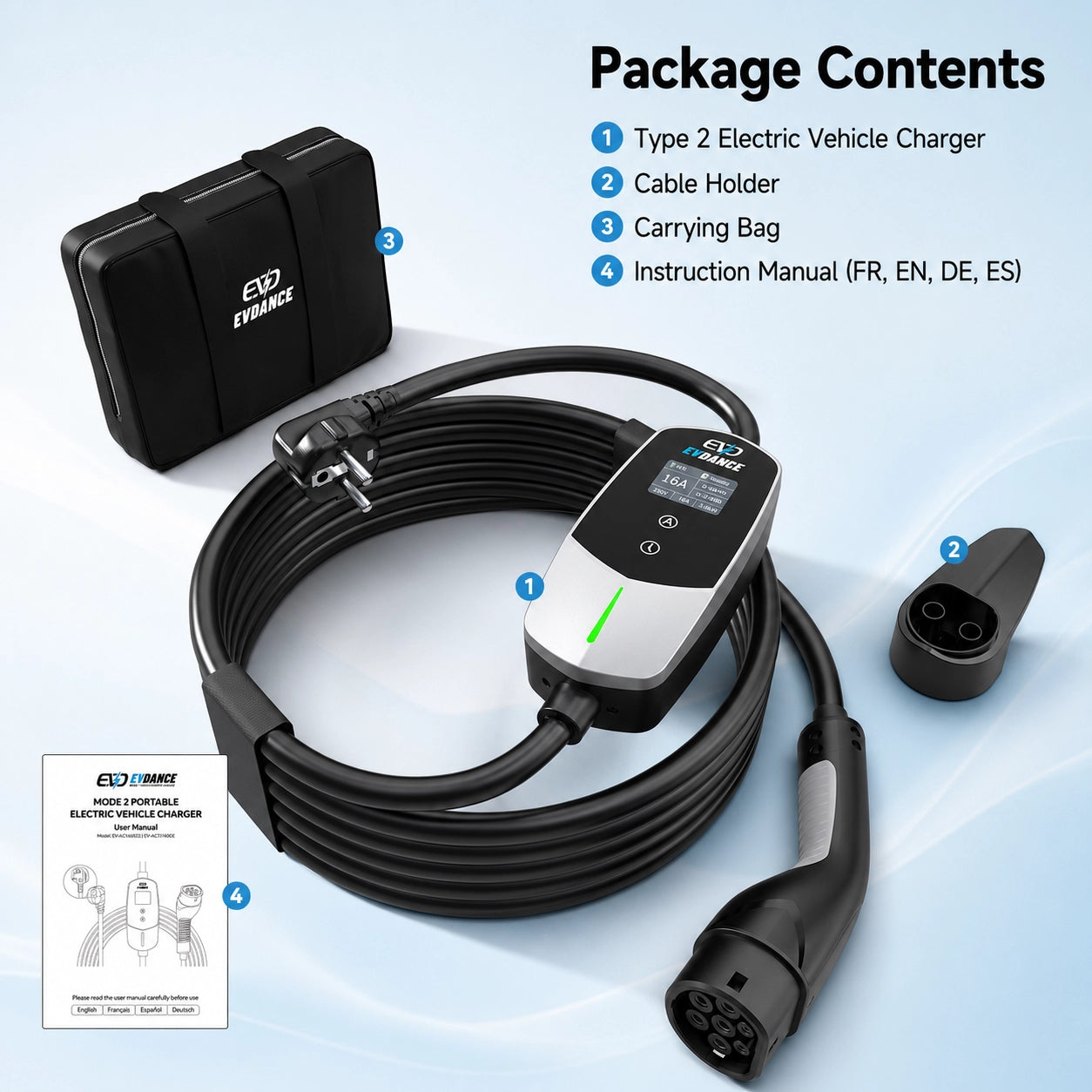 Complete package contents of the EVDANCE Type 2 electric vehicle charger, including the charger unit, cable holder, carrying bag, and instruction manual.