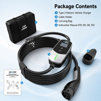 Complete package contents of the EVDANCE Type 2 electric vehicle charger, including the charger unit, cable holder, carrying bag, and instruction manual.