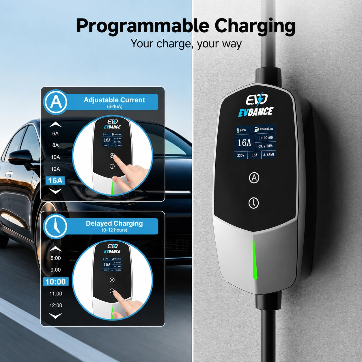 Close-up of the EVDANCE portable EV charger interface showing programmable features like adjustable current from 6A to 16A and delayed charging settings.