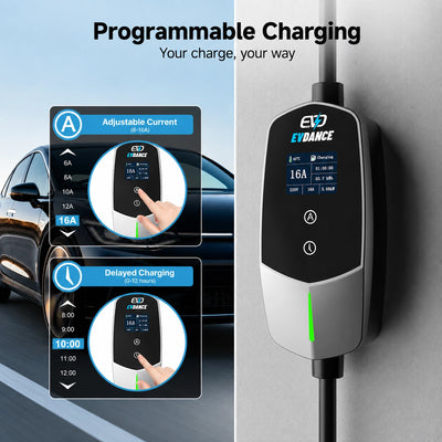 Close-up of the EVDANCE portable EV charger interface showing programmable features like adjustable current from 6A to 16A and delayed charging settings.