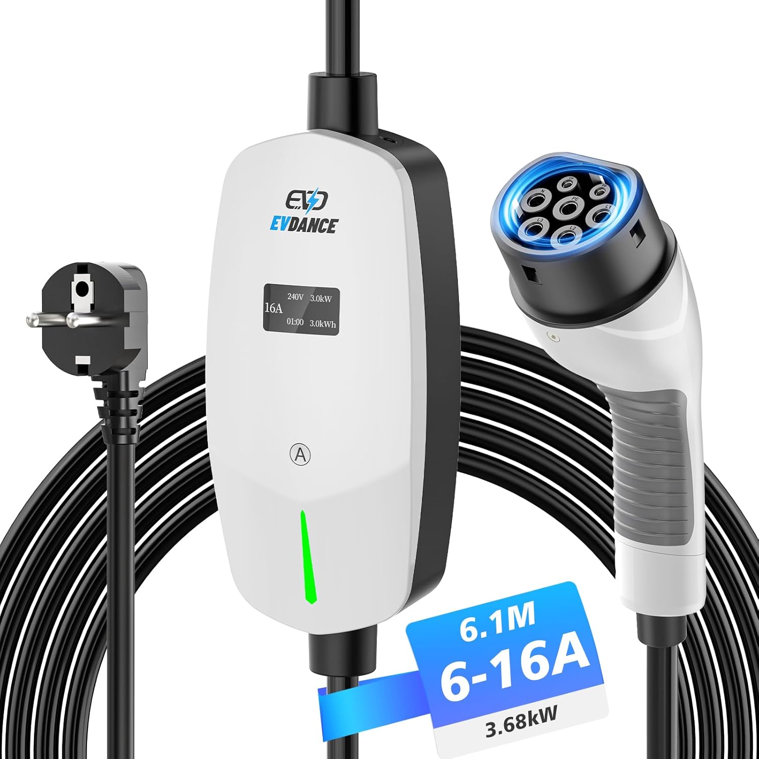 EVDANCE Single Phase Type 2 EV Charger 16A, 3.68 (kW), Schuko Plug
